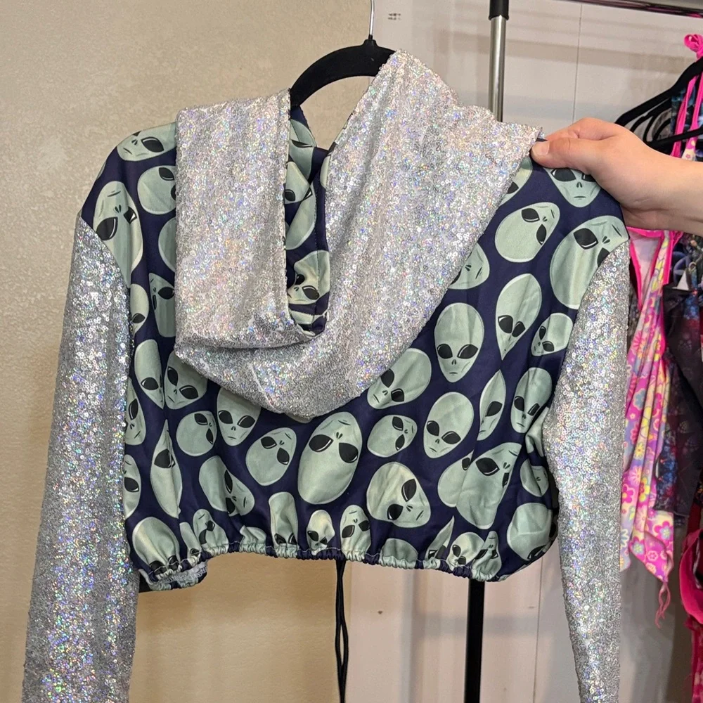 # 8 Alien Print Crop Hoodie with Silver Sleeves - Picture 2 of 4